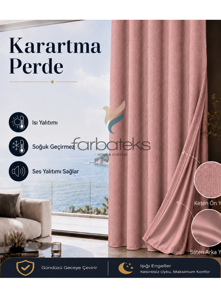 Keten Pudra Pembe Kalın Güneşlik Blackout Kararma Fon Perde